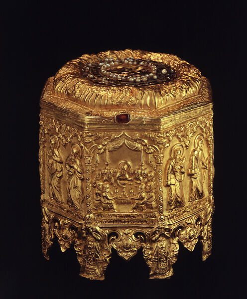 Gold Pyx, Gold repoussé, pearls, and one gem (garnet?), Armenian 