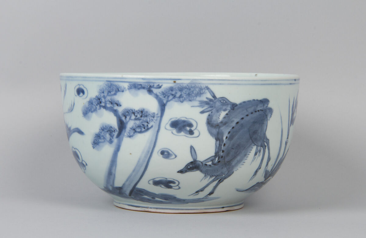 Bowl decorated with the Ten Symbols of Longevity, Porcelain with cobalt-blue design, Korea