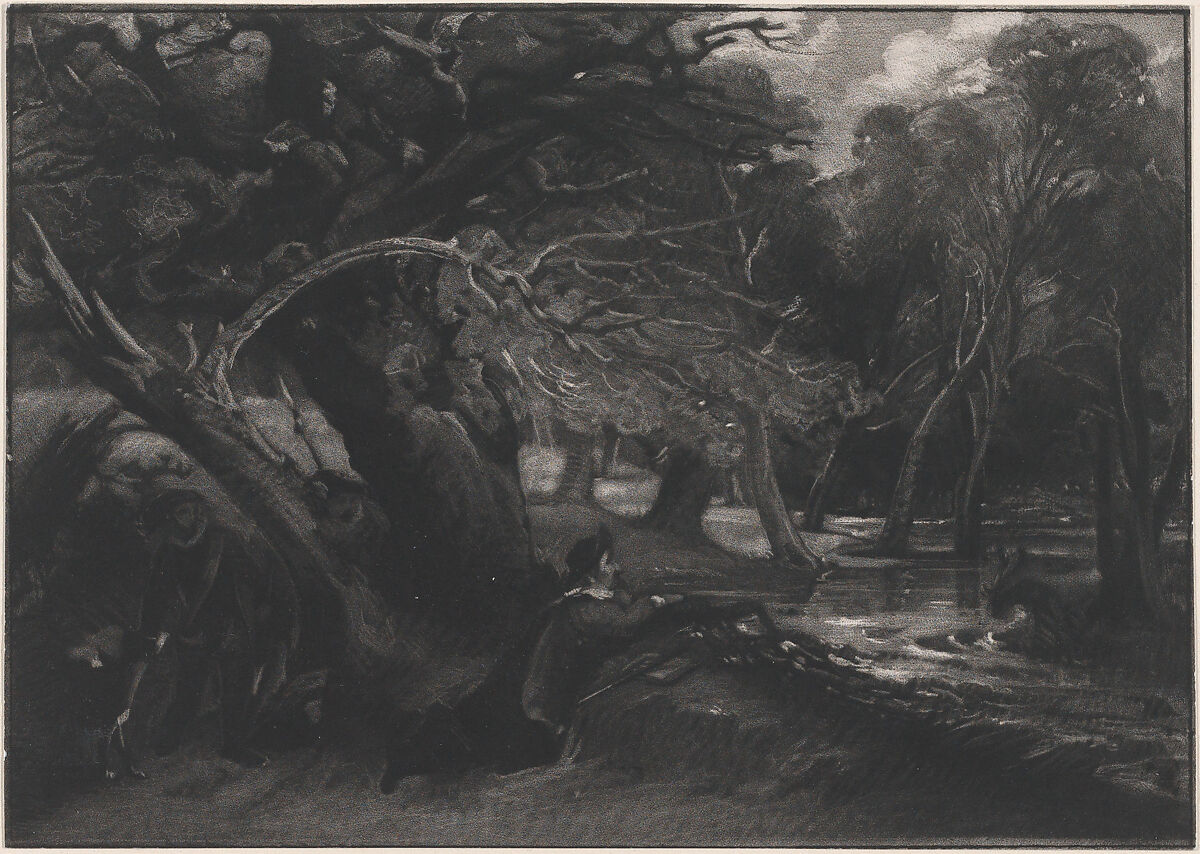Jacques and the Wounded Stag (Shakespeare, As You Like It, Act 2, Scene 1), David Lucas (British, Geddington Chase, Northamptonshire 1802–1881 London), Mezzotint; progress proof touched with white chalk