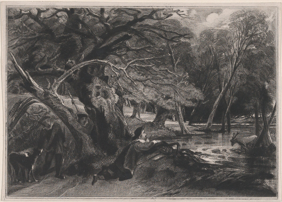 Jacques and the Wounded Stag (Shakespeare, As You Like It, Act 2, Scene 1), David Lucas (British, Geddington Chase, Northamptonshire 1802–1881 London), Mezzotint touched with white chalk; proof before published state