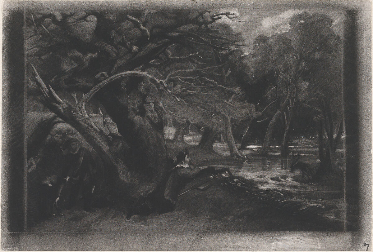 Jacques and the Wounded Stag (Shakespeare, As You Like It, Act 2, Scene 1), David Lucas (British, Geddington Chase, Northamptonshire 1802–1881 London), Mezzotint; progress proof, touched with white chalk