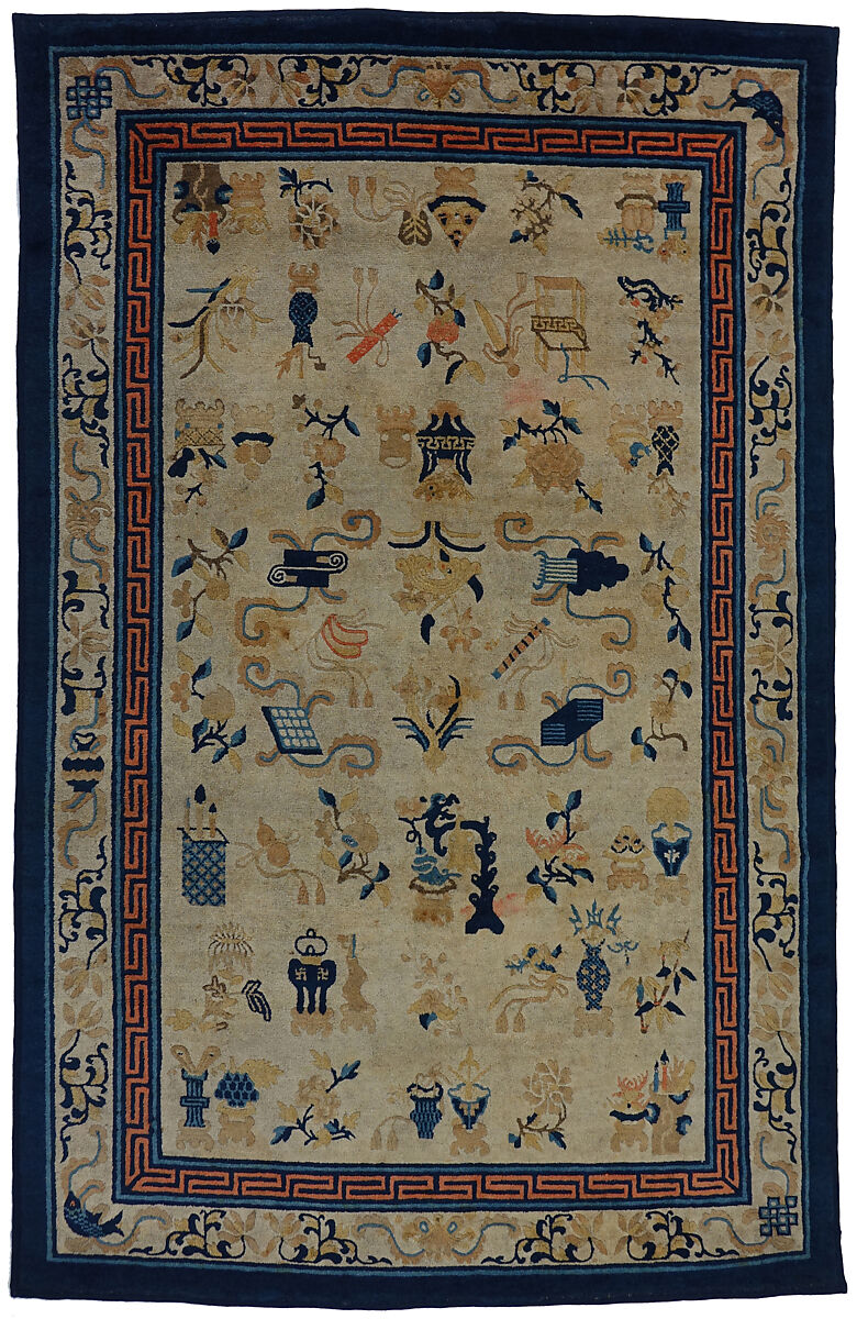 Rug with the "Hundred Antiques", Wool senna knot on a cotton foundation, China 