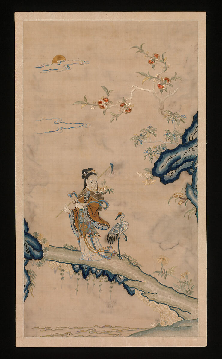 Fairy and Crane, Embroidery with silk, pearls, and coral beads, China 