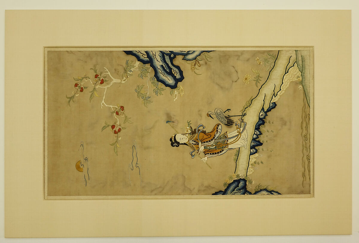 Fairy and Crane, Silk embroidery with with pearls and coral beads on silk satin, China