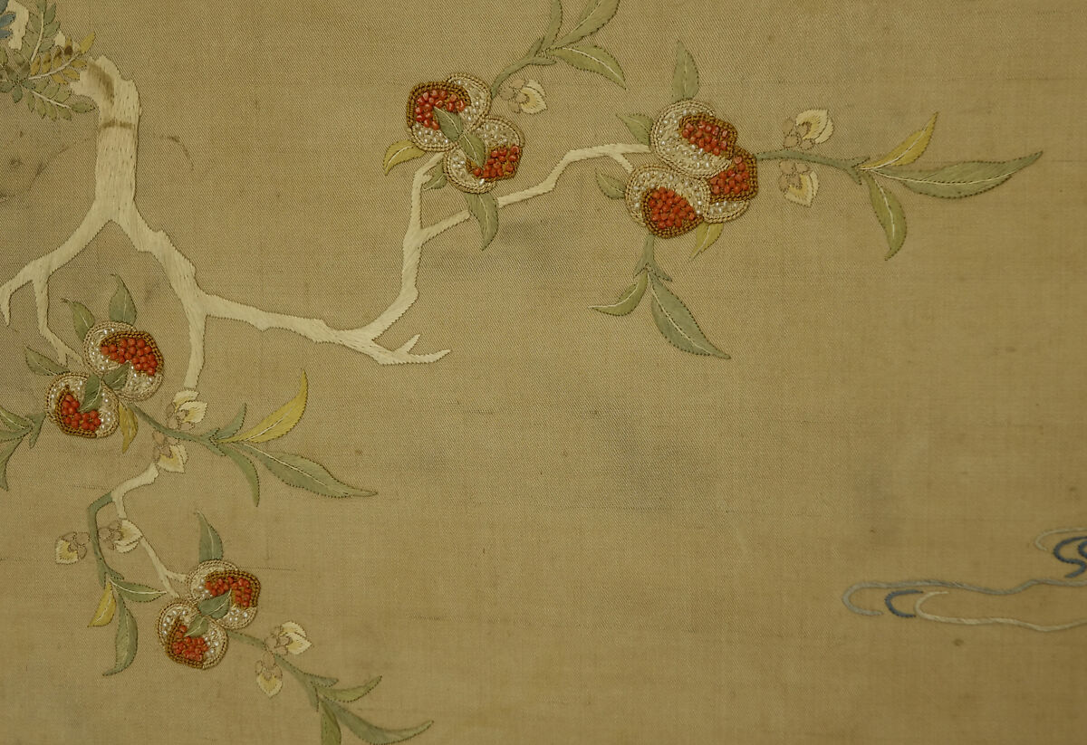 Fairy and Crane, Silk embroidery with with pearls and coral beads on silk satin, China