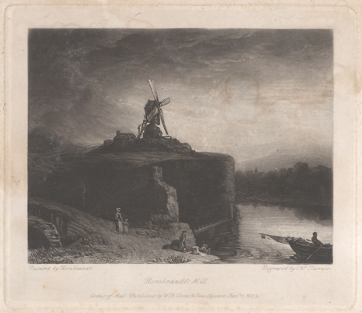 Rembrandt's Mill, Charles Turner (British, Woodstock, Oxfordshire 1774–1857 London), Mezzotint on chine collé; first state of two 