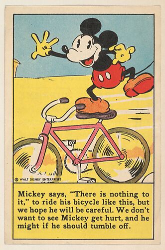 Mickey riding his bicycle, bakery card from the Mickey Mouse series (D52), issued by Bamby Bread