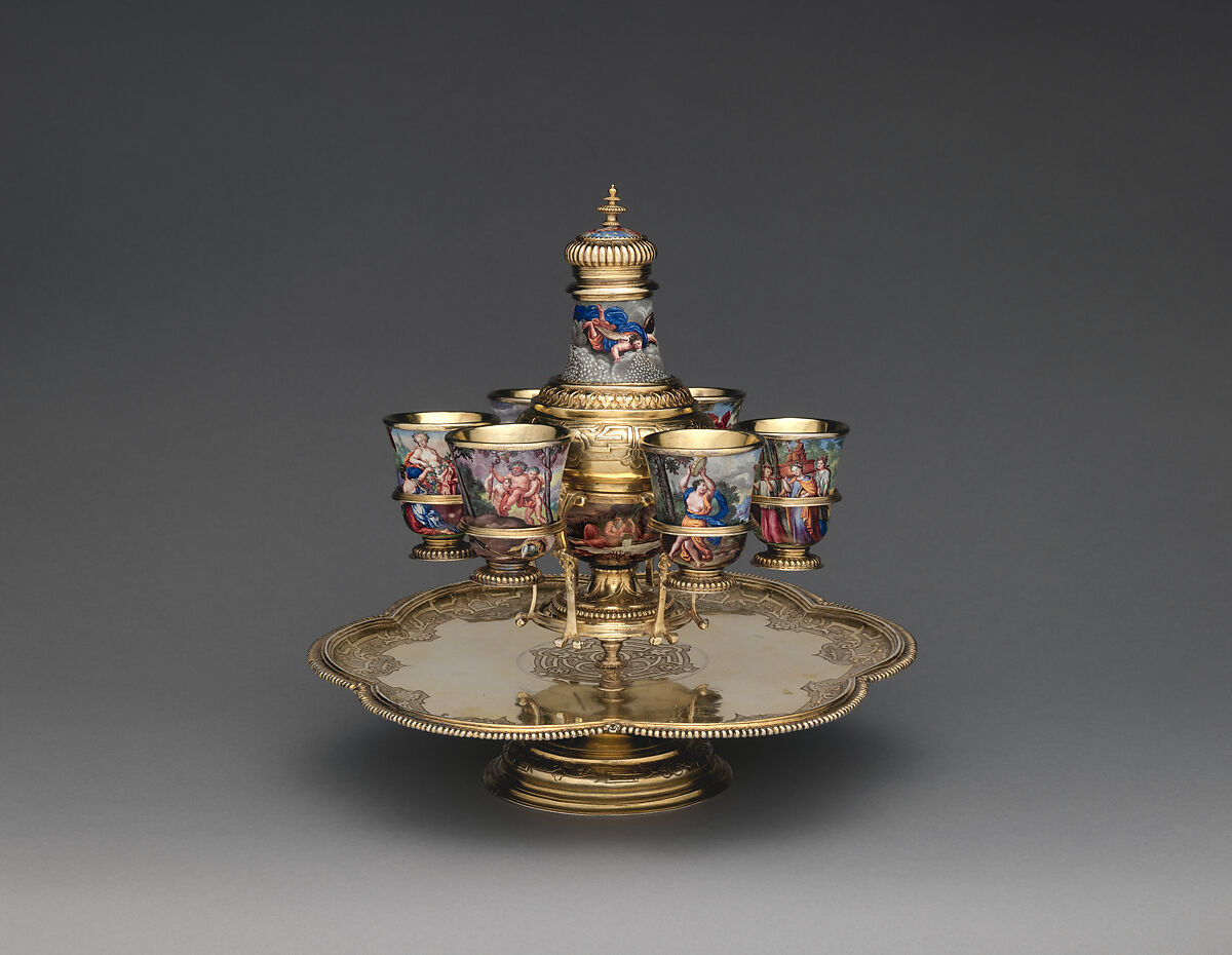 "Four Seasons" enamel liqueur service, Elias Adam (German, ca. 1669–1745, master 1703), Silver gilt, enamel, copper, German, Augsburg 