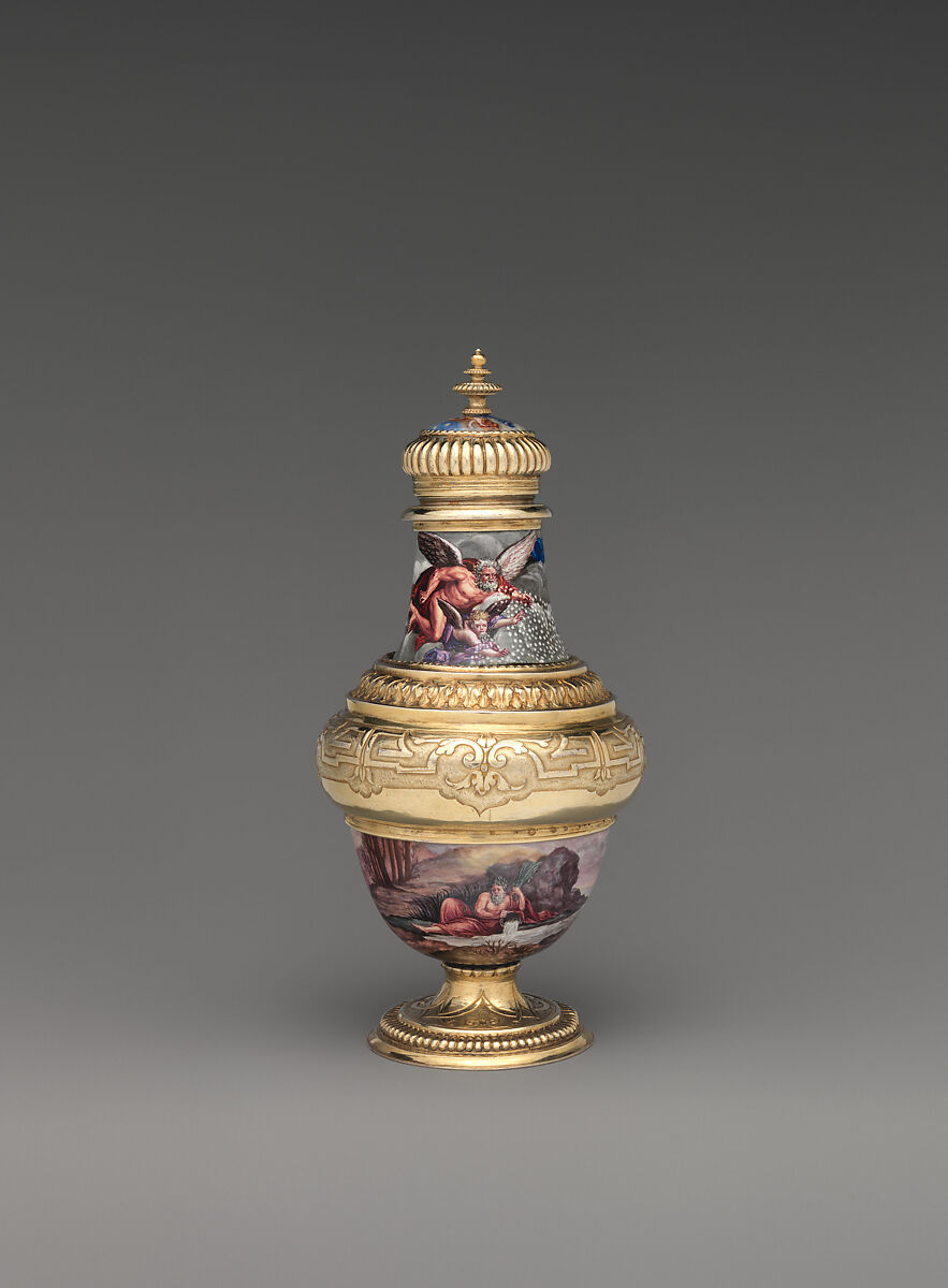 "Four Seasons" enamel liqueur service, Elias Adam (German, ca. 1669–1745, master 1703), Silver gilt, enamel, copper, German, Augsburg
