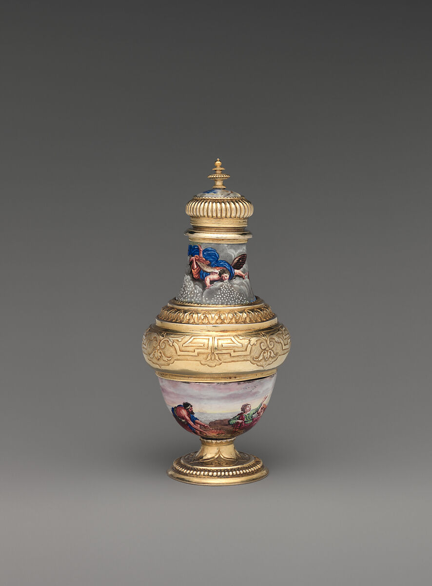 "Four Seasons" enamel liqueur service, Elias Adam (German, ca. 1669–1745, master 1703), Silver gilt, enamel, copper, German, Augsburg