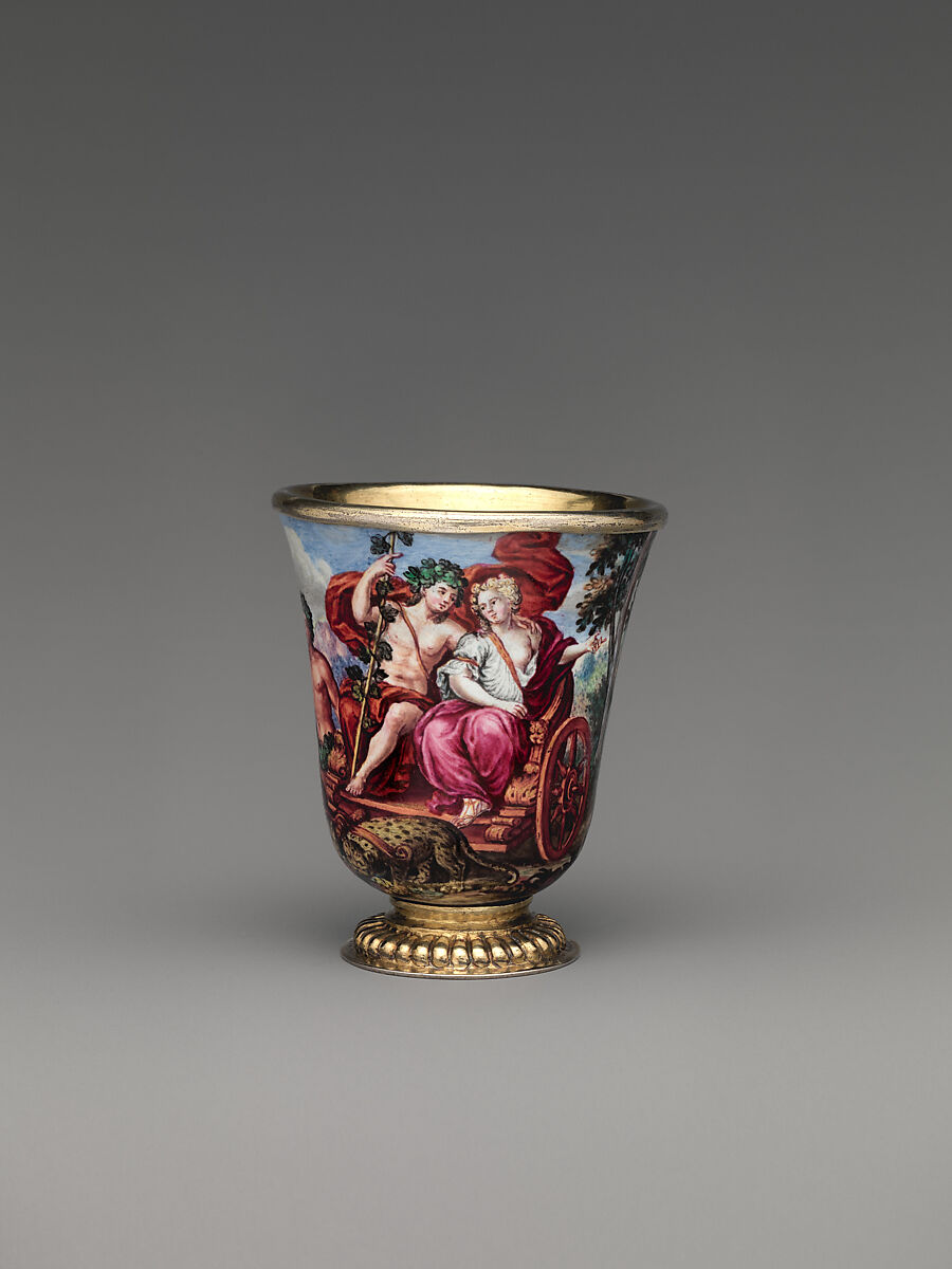 "Four Seasons" enamel liqueur service, Elias Adam (German, ca. 1669–1745, master 1703), Silver gilt, enamel, copper, German, Augsburg