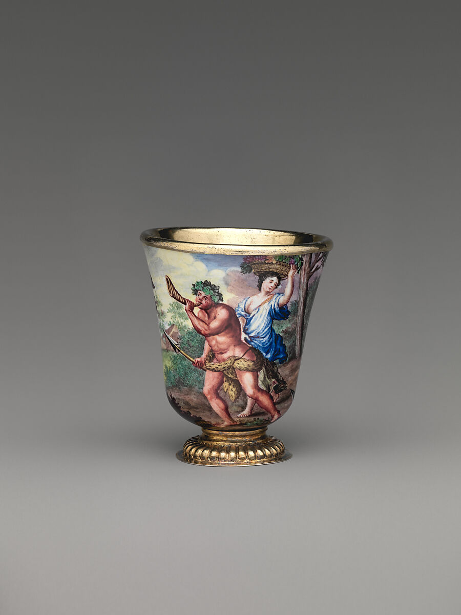 "Four Seasons" enamel liqueur service, Elias Adam (German, ca. 1669–1745, master 1703), Silver gilt, enamel, copper, German, Augsburg