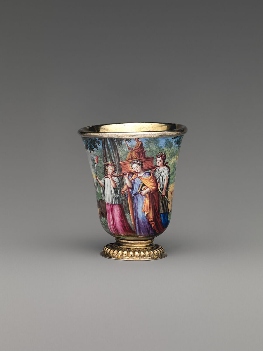 "Four Seasons" enamel liqueur service, Elias Adam (German, ca. 1669–1745, master 1703), Silver gilt, enamel, copper, German, Augsburg