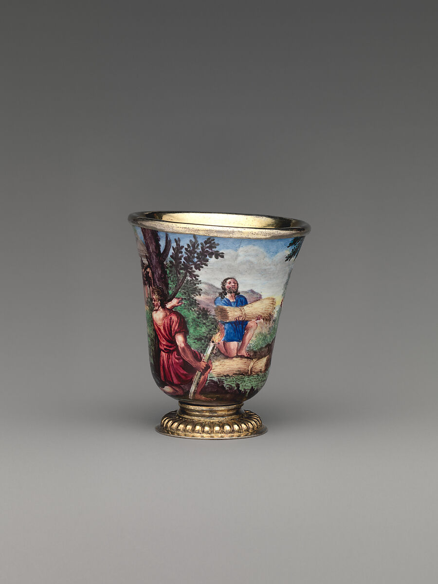 "Four Seasons" enamel liqueur service, Elias Adam (German, ca. 1669–1745, master 1703), Silver gilt, enamel, copper, German, Augsburg