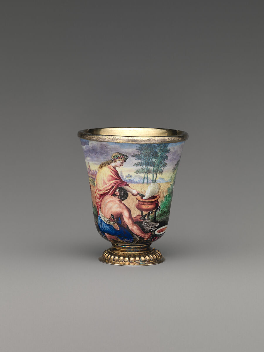 "Four Seasons" enamel liqueur service, Elias Adam (German, ca. 1669–1745, master 1703), Silver gilt, enamel, copper, German, Augsburg