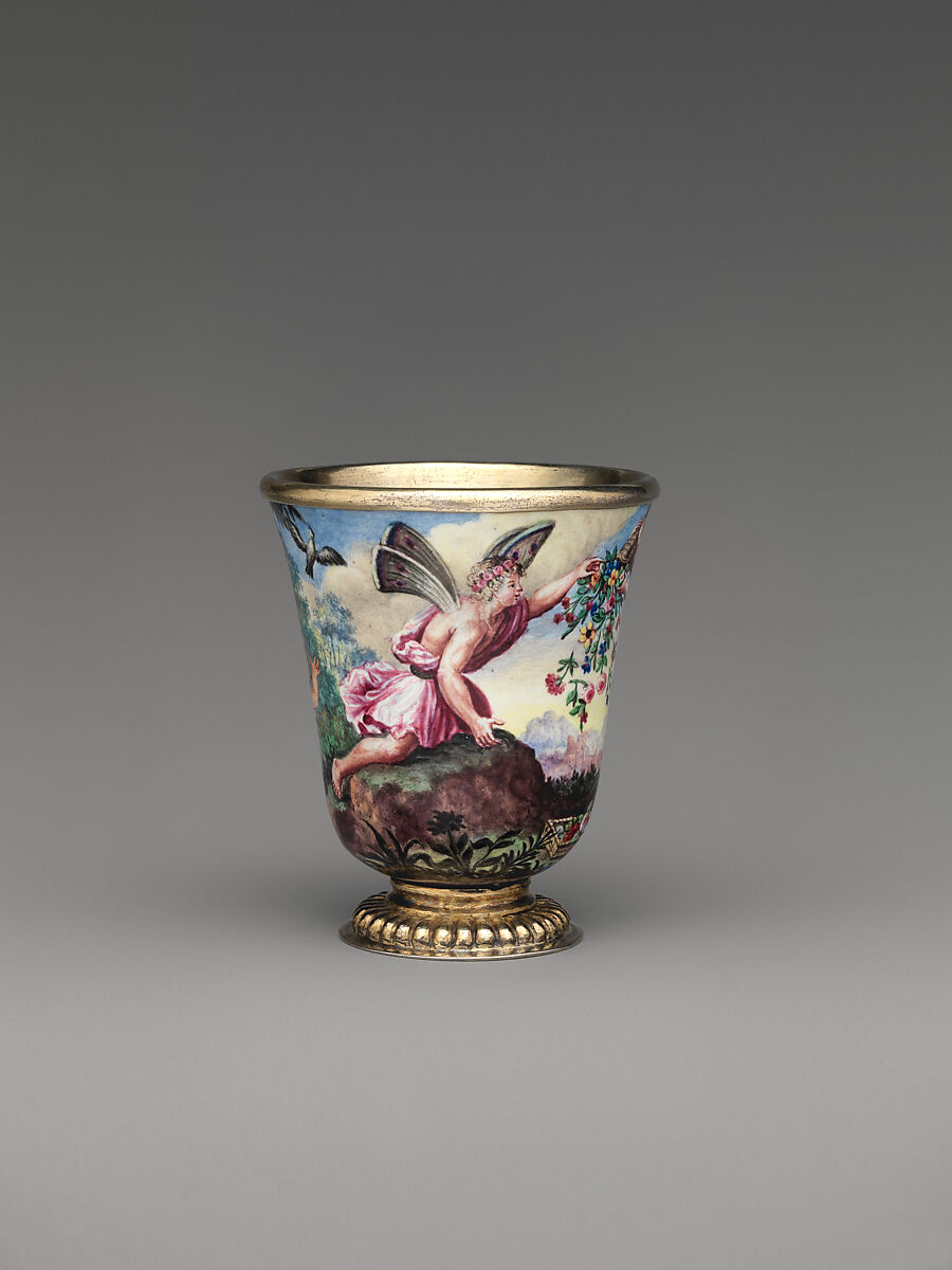 "Four Seasons" enamel liqueur service, Elias Adam (German, ca. 1669–1745, master 1703), Silver gilt, enamel, copper, German, Augsburg