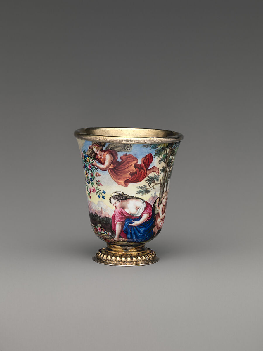 "Four Seasons" enamel liqueur service, Elias Adam (German, ca. 1669–1745, master 1703), Silver gilt, enamel, copper, German, Augsburg
