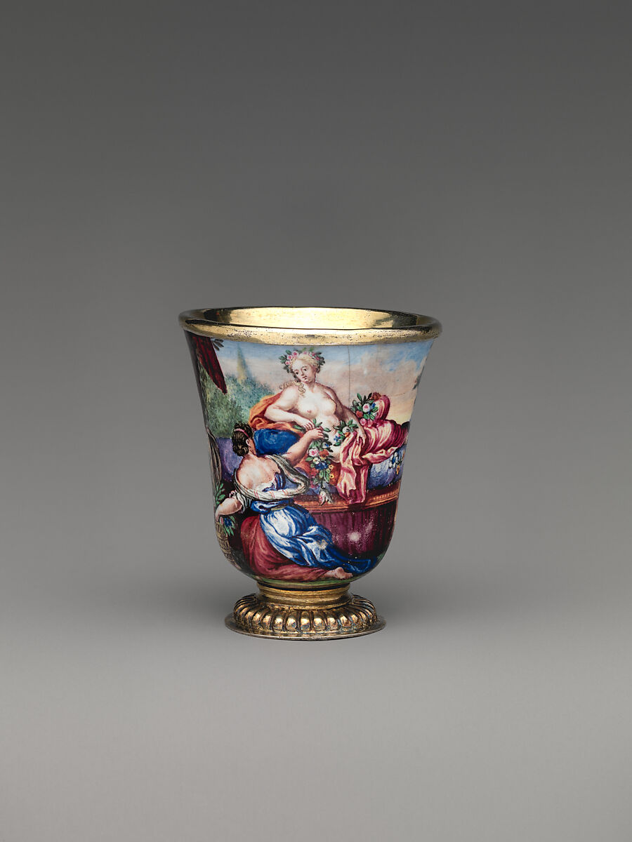 "Four Seasons" enamel liqueur service, Elias Adam (German, ca. 1669–1745, master 1703), Silver gilt, enamel, copper, German, Augsburg