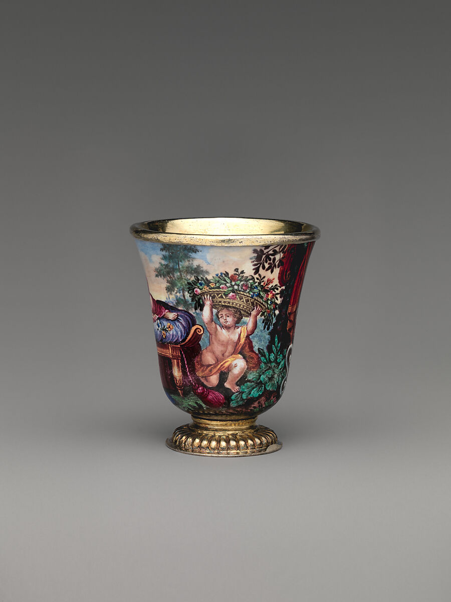 "Four Seasons" enamel liqueur service, Elias Adam (German, ca. 1669–1745, master 1703), Silver gilt, enamel, copper, German, Augsburg