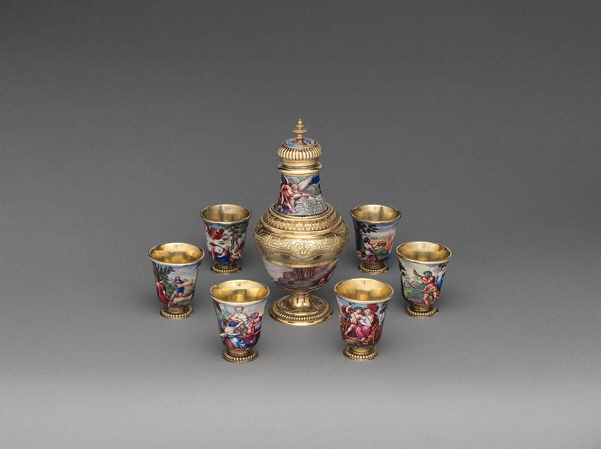 "Four Seasons" enamel liqueur service, Elias Adam (German, ca. 1669–1745, master 1703), Silver gilt, enamel, copper, German, Augsburg