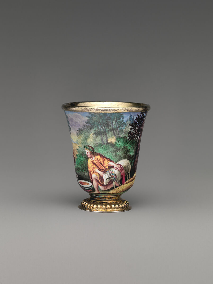 "Four Seasons" enamel liqueur service, Elias Adam (German, ca. 1669–1745, master 1703), Silver gilt, enamel, copper, German, Augsburg