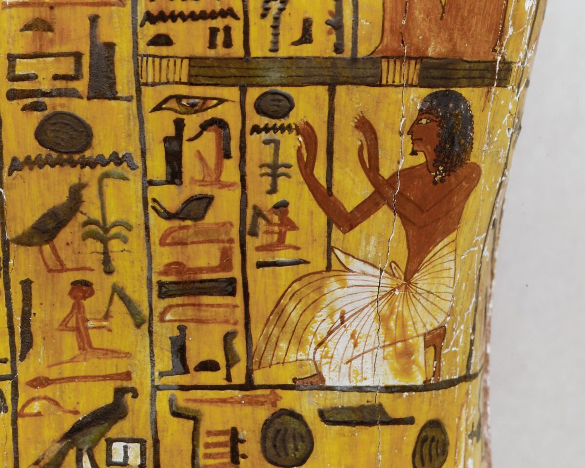 Vignette on Khonsu's inner coffin lid, Gessoed and painted wood 