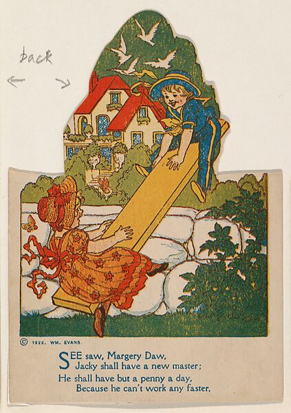 See saw Margery Daw, bakery card from the Mother Goose Toys series (D54), issued by the Chesapeake Baking Company, Issued by Chesapeake Baking Company, Commercial color lithograph 