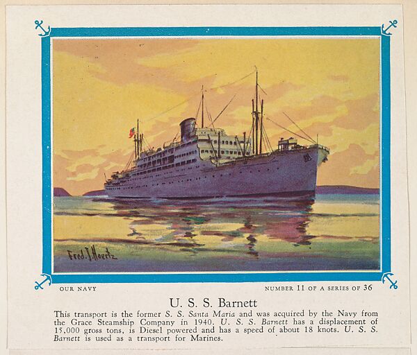 No. 11, U. S. S. Barnett, collector card from the Our Navy series (D62), issued by the Kelley Baking Company, Issued by Kelley Baking Company, Commercial color lithograph 