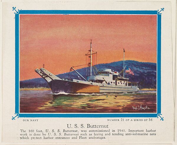 No. 21, U. S. S. Butternut, collector card from the Our Navy series (D62), issued by the Kelley Baking Company, Issued by Kelley Baking Company, Commercial color lithograph 