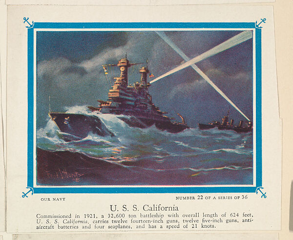 No. 22, U. S. S. California, collector card from the Our Navy series (D62), issued by the Kelley Baking Company, Issued by Kelley Baking Company, Commercial color lithograph 