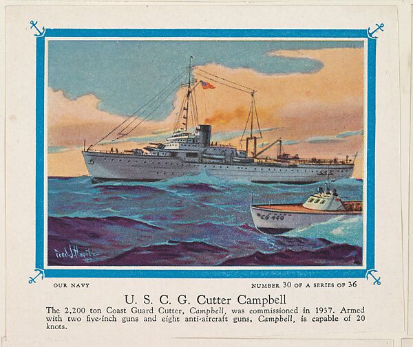 No. 30, U. S. C. G. Cutter Campbell, collector card from the Our Navy series (D62), issued by the Kelley Baking Company, Issued by Kelley Baking Company, Commercial color lithograph 