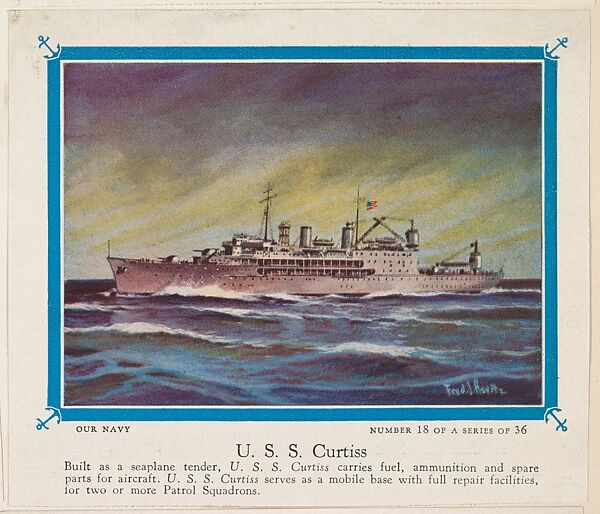 No.18, U. S. S. Curtiss, collector card from the Our Navy series (D62), issued by the Kelley Baking Company, Issued by Kelley Baking Company, Commercial color lithograph 