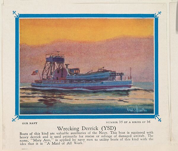 No. 35, Wrecking Derrick (YSD), collector card from the Our Navy series (D62), issued by the Kelley Baking Company, Issued by Kelley Baking Company, Commercial color lithograph 