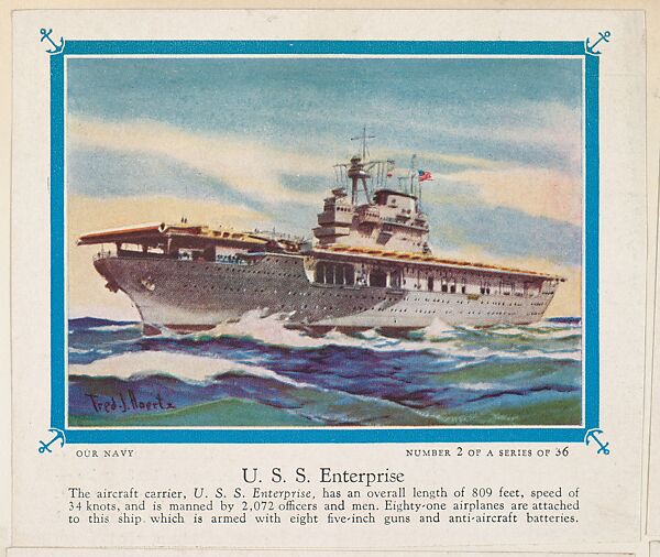 No. 2, U. S. S. Enterprise, collector card from the Our Navy series (D62), issued by the Kelley Baking Company, Issued by Kelley Baking Company, Commercial color lithograph 