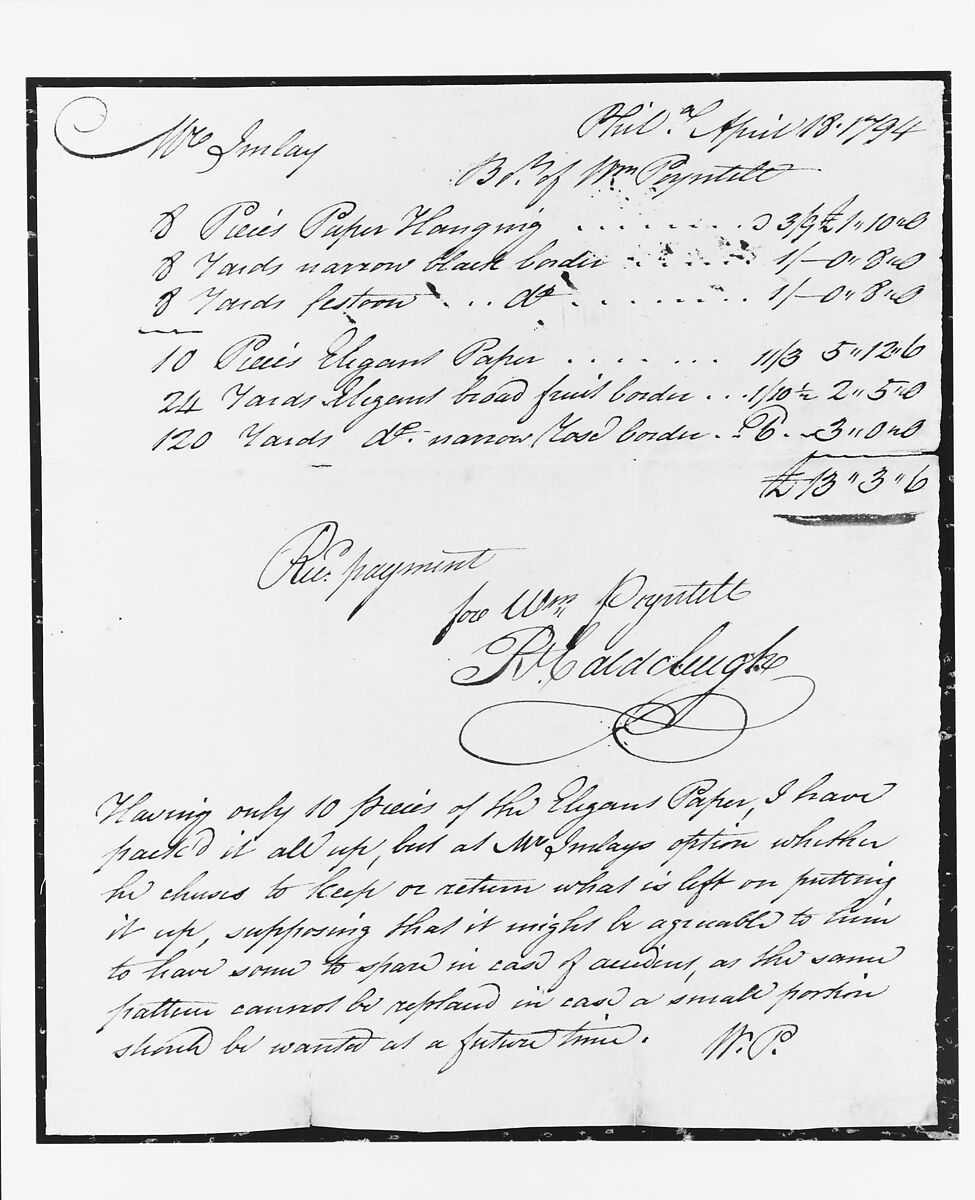 Manuscript of a Receipted Bill for Wallpaper, Parchment paper, American 