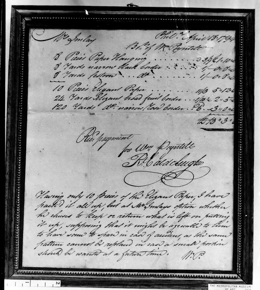 Manuscript of a Receipted Bill for Wallpaper, Parchment paper, American