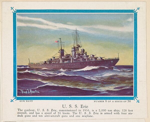 No. 8, U. S. S. Erie, collector card from the Our Navy series (D62), issued by the Kelley Baking Company, Issued by Kelley Baking Company, Commercial color lithograph 