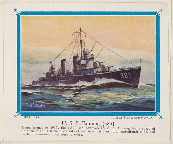 No. 6, U. S. S. Fanning (385), collector card from the Our Navy series (D62), issued by the Kelley Baking Company, Issued by Kelley Baking Company, Commercial color lithograph 