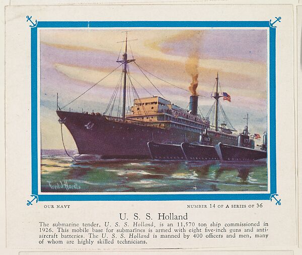 No. 14, U. S. S. Holland, collector card from the Our Navy series (D62), issued by the Kelley Baking Company, Issued by Kelley Baking Company, Commercial color lithograph 