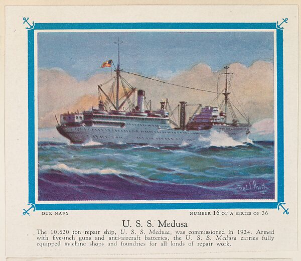 No. 16, U. S. S. Medusa, collector card from the Our Navy series (D62), issued by the Kelley Baking Company, Issued by Kelley Baking Company, Commercial color lithograph 