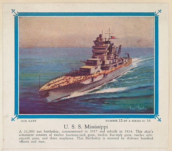 No. 12, U. S. S. Mississippi, collector card from the Our Navy series (D62), issued by the Kelley Baking Company, Issued by Kelley Baking Company, Commercial color lithograph 