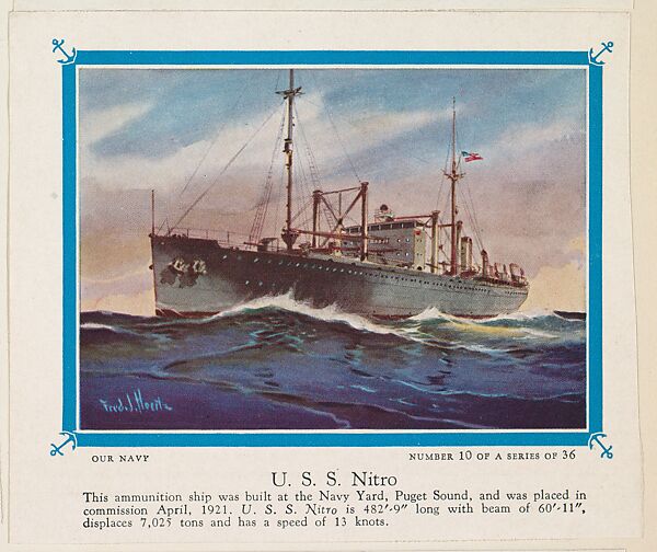 No. 10, U. S. S. Nitro, collector card from the Our Navy series (D62), issued by the Kelley Baking Company, Issued by Kelley Baking Company, Commercial color lithograph 