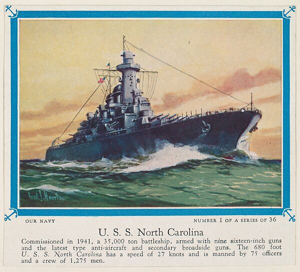 No. 1, U. S. S. North Carolina, collector card from the Our Navy series (D62), issued by the Kelley Baking Company, Issued by Kelley Baking Company, Commercial color lithograph 