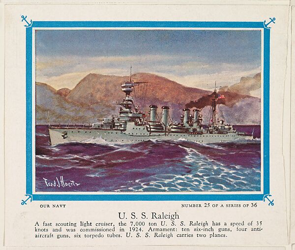 No. 25, U. S. S. Raleigh, collector card from the Our Navy series (D62), issued by the Kelley Baking Company, Issued by Kelley Baking Company, Commercial color lithograph 