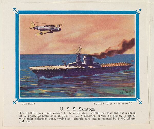 No. 19, U. S. S. Saratoga, collector card from the Our Navy series (D62), issued by the Kelley Baking Company, Issued by Kelley Baking Company, Commercial color lithograph 