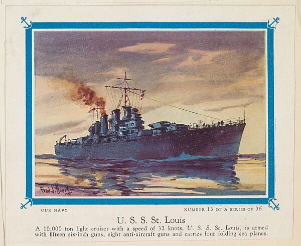 No. 13, U. S. S. St. Louis, collector card from the Our Navy series (D62), issued by the Kelley Baking Company, Issued by Kelley Baking Company, Commercial color lithograph 