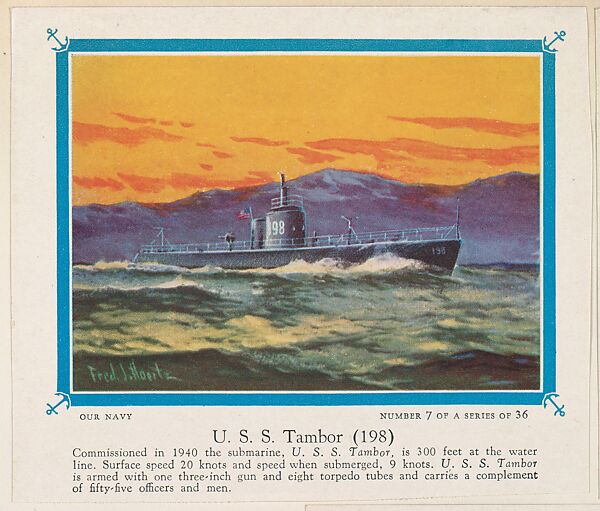 No. 7, U. S. S. Tambor (198), collector card from the Our Navy series (D62), issued by the Kelley Baking Company, Issued by Kelley Baking Company, Commercial color lithograph 