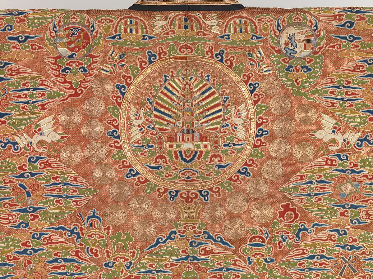 Daoist priest’s ritual robe with celestial palace, Silk and metal thread embroidery on silk satin, China