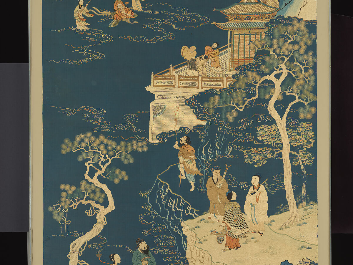 Panel with immortals, Silk and metal thread embroidery on silk satin, China