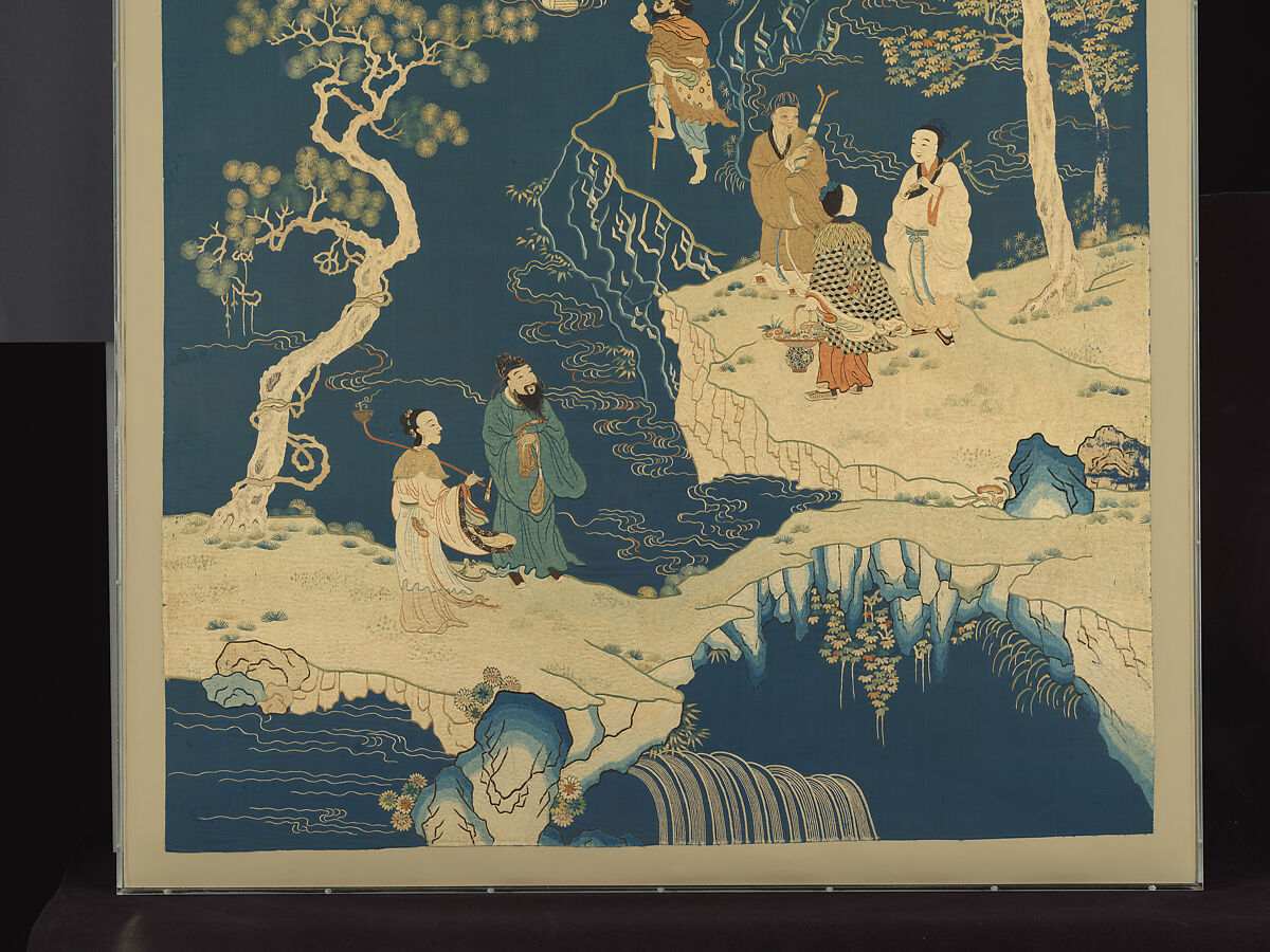 Panel with immortals, Silk and metal thread embroidery on silk satin, China